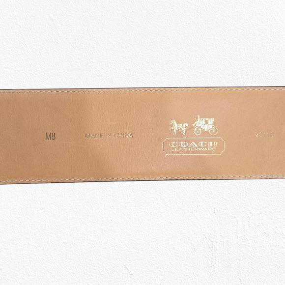 Coach Sig C Pierced Belt 90110 Tan Beige Gold Square Buckle Leather Size Medium - Picture 3 of 10